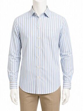 Roundtree & Yorke Men's Light Blue & Tan Striped Dress Shirt Long Sleeve - XLT